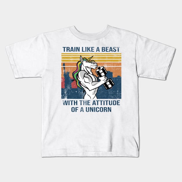 Muscle Unicorn Train like a beast with the attitude of a unicorn Kids T-Shirt by POS